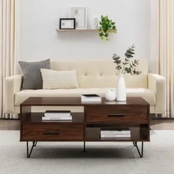 Kirkland's Home Brown Wood & Black Metal Hairpin Legs Coffee Table- Coffee Tables
