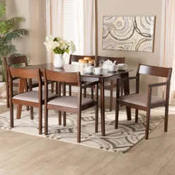Kirkland's Home Brown Wood And Beige Upholstered 7-Pc. Dining Set- Dining Tables