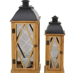 Kirkland's Home Brown Wood And Black Mesh Lanterns, Set Of 2- Lanterns