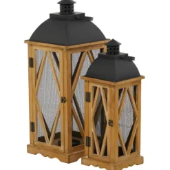 Kirkland's Home Brown Wood And Black Mesh Lanterns, Set Of 2- Lanterns