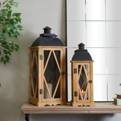 Kirkland's Home Brown Wood And Black Mesh Lanterns, Set Of 2- Lanterns