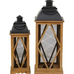 Kirkland's Home Brown Wood And Black Mesh Lanterns, Set Of 2- Lanterns