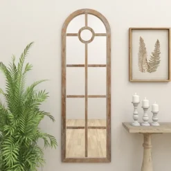 Kirkland's Home Brown Wood And Glass Arched Windowpane Mirror- Decorative Mirrors