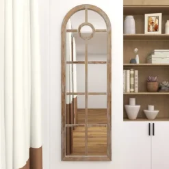 Kirkland's Home Brown Wood And Glass Arched Windowpane Mirror- Decorative Mirrors