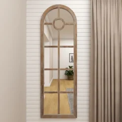 Kirkland's Home Brown Wood And Glass Arched Windowpane Mirror- Decorative Mirrors