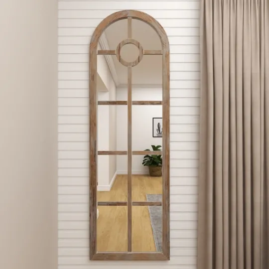 Kirkland's Home Brown Wood And Glass Arched Windowpane Mirror- Decorative Mirrors