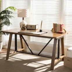 Kirkland's Home Brown Wood And Metal Linear Base Desk- Office Furniture