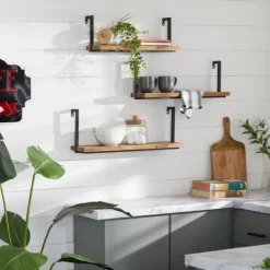 Kirkland's Home Brown Wood Black Metal Frame 3-Pc. Wall Shelves- Shelves