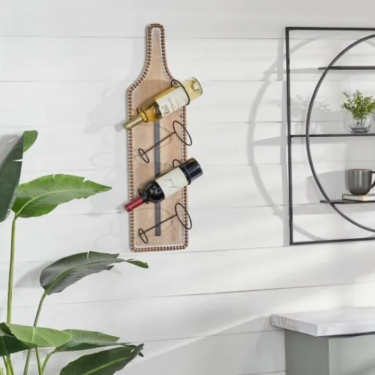 Kirkland's Home Brown Wood Bottle Frame Metal Bracket Wine Holder- Wall Storage