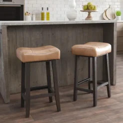 Kirkland's Home Camel Wood And Leather Backless Stool- Bar Stools & Counter Height Stools