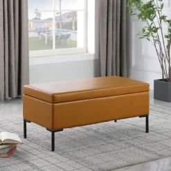 Kirkland's Home Caramel Vegan Leather Storage Bench- Benches & Ottomans
