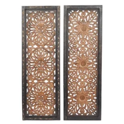 Kirkland's Home Carved Mahogany 2-Pc. Floral Motif Plaque Set- Wall Plaques
