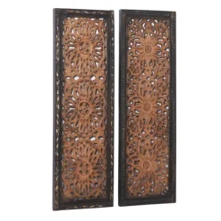 Kirkland's Home Carved Mahogany 2-Pc. Floral Motif Plaque Set- Wall Plaques
