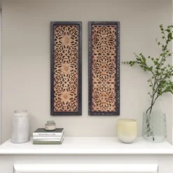 Kirkland's Home Carved Mahogany 2-Pc. Floral Motif Plaque Set- Wall Plaques