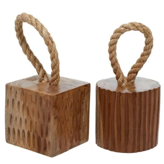 Kirkland's Home Carved Teak Wood And Rope Door Stoppers, Set Of 2- Decorative Accents