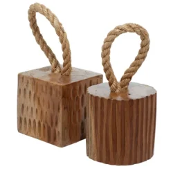 Kirkland's Home Carved Teak Wood And Rope Door Stoppers, Set Of 2- Decorative Accents