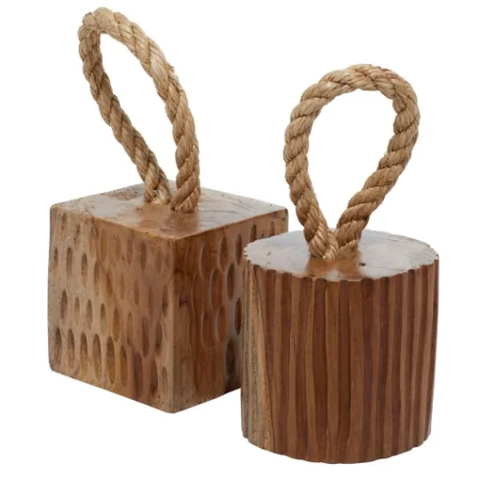 Kirkland's Home Carved Teak Wood And Rope Door Stoppers, Set Of 2- Decorative Accents
