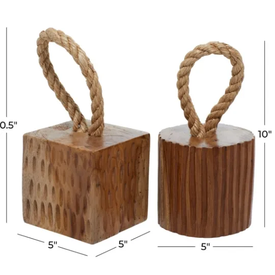 Kirkland's Home Carved Teak Wood And Rope Door Stoppers, Set Of 2- Decorative Accents