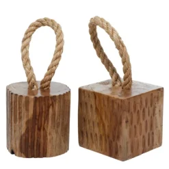 Kirkland's Home Carved Teak Wood And Rope Door Stoppers, Set Of 2- Decorative Accents