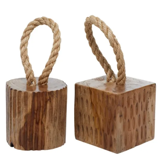 Kirkland's Home Carved Teak Wood And Rope Door Stoppers, Set Of 2- Decorative Accents