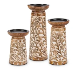 Kirkland's Home Carved Wood Floral Pillar Candle Holders, Set Of 3- Candle Holders