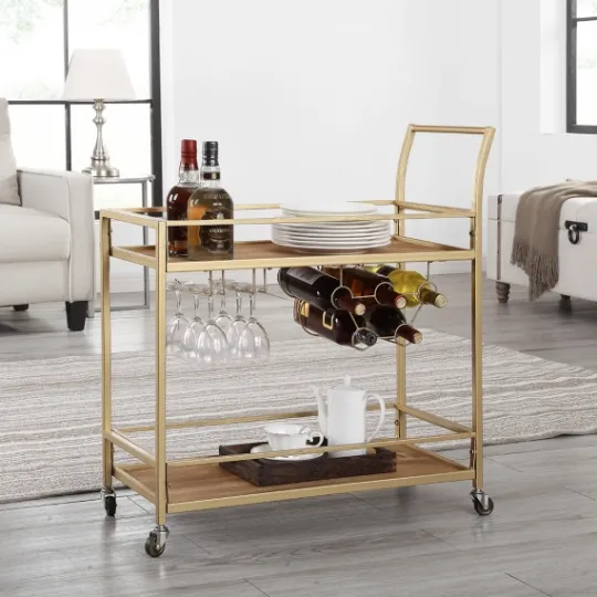 Kirkland's Home Celeste Gold Metal And Wood Bar Cart- Kitchen Islands & Bar Carts