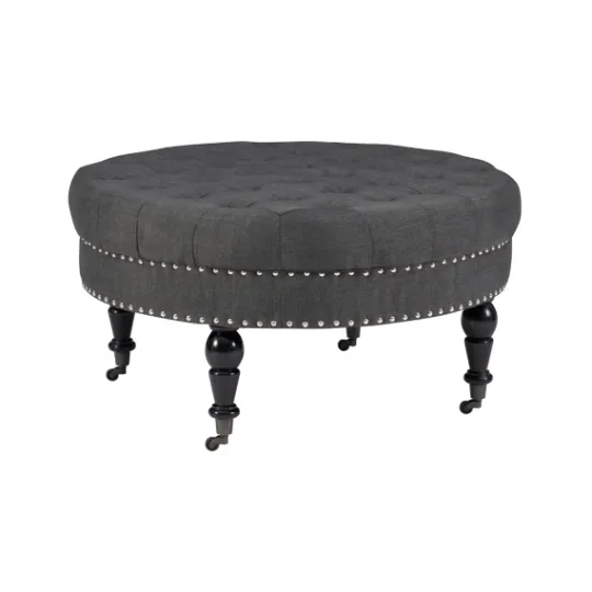 Kirkland's Home Charlotte Tufted Round Charcoal Ottoman- Benches & Ottomans