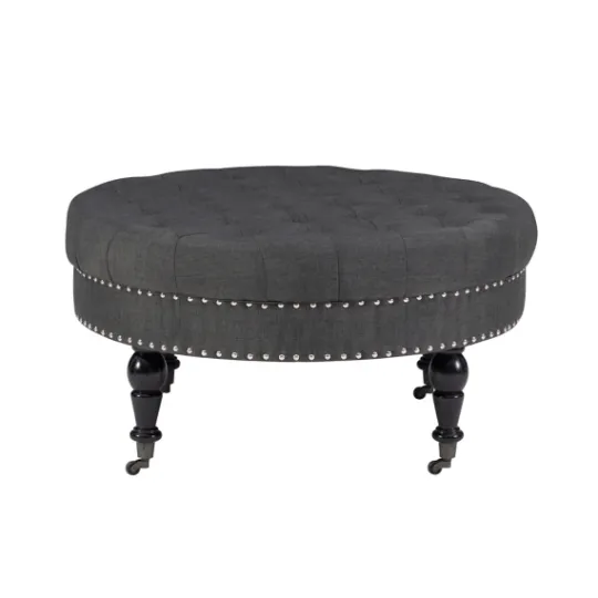 Kirkland's Home Charlotte Tufted Round Charcoal Ottoman- Benches & Ottomans