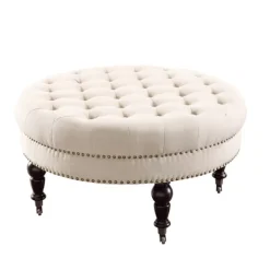 Kirkland's Home Charlotte Tufted Round Natural Ottoman- Benches & Ottomans