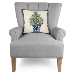 Kirkland's Home Chinoiserie Tree Blue Trim Wool Christmas Pillow- Pillows