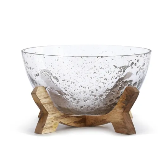 Kirkland's Home Clear Bubbled Glass Bowl On Wood Stand- Decorative Bowls & Jars