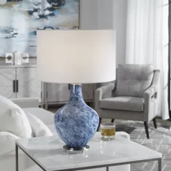 Kirkland's Home Cobalt Blue Swirl Carved Glass Table Lamp- Table Lamps
