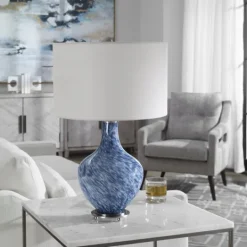 Kirkland's Home Cobalt Blue Swirl Carved Glass Table Lamp- Table Lamps
