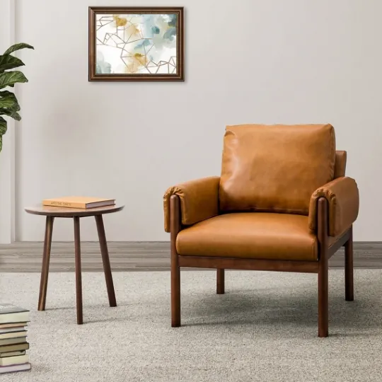Kirkland's Home Cognac Faux Leather And Wood Accent Chair- Accent Chairs