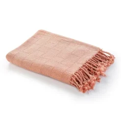 Kirkland's Home Coral Checkered Weave Fringe Throw- Blankets & Throws