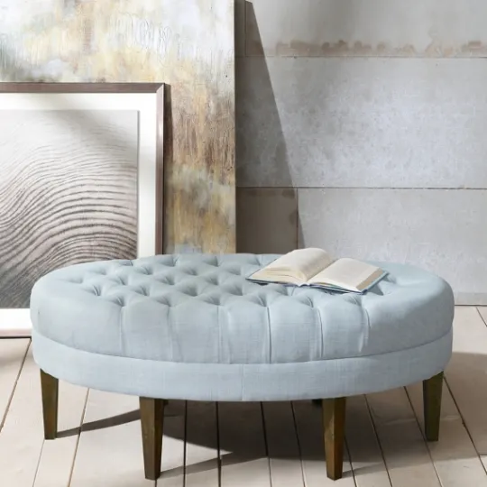Kirkland's Home Cory Tufted Dusty Linen Ottoman- Benches & Ottomans