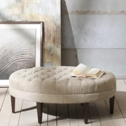 Kirkland's Home Cory Tufted Natural Linen Ottoman- Benches & Ottomans