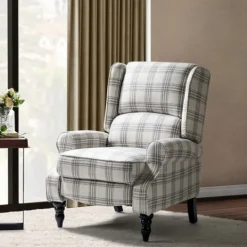 Kirkland's Home Cream And Gray Plaid Traditional Recliner- Accent Chairs