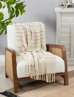 Kirkland's Home Cream And Orange Striped Throw Blanket- Blankets & Throws