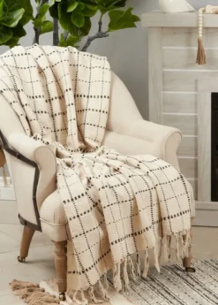 Kirkland's Home Cream Blue Plaid Throw Blanket- Blankets & Throws