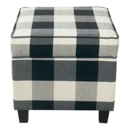 Kirkland's Home Cream Buffalo Plaid Upholstered Storage Ottoman- Benches & Ottomans
