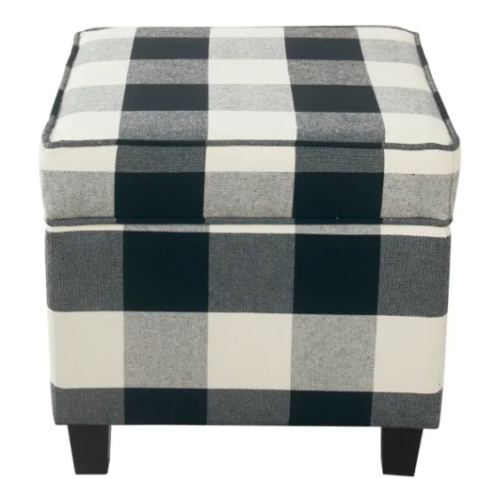 Kirkland's Home Cream Buffalo Plaid Upholstered Storage Ottoman- Benches & Ottomans