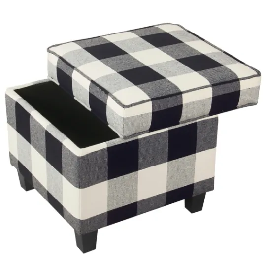 Kirkland's Home Cream Buffalo Plaid Upholstered Storage Ottoman- Benches & Ottomans