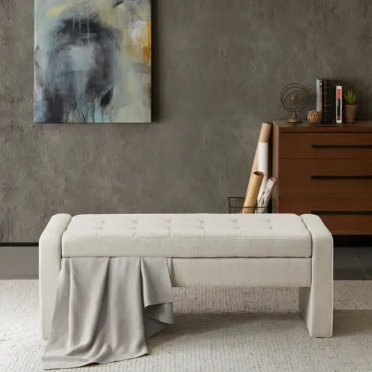 Kirkland's Home Cream Button Tufted Upholstered Storage Bench- Benches & Ottomans