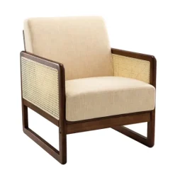Kirkland's Home Cream Mahogany Finish Cane Panel Accent Chair- Accent Chairs