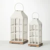 Kirkland's Home Cream Metal Paned Wood Base Lanterns, Set Of 2- Lanterns