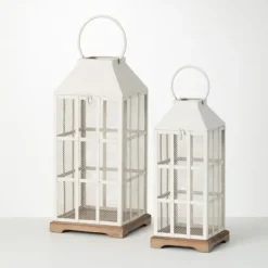 Kirkland's Home Cream Metal Paned Wood Base Lanterns, Set Of 2- Lanterns