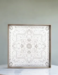 Kirkland's Home Cream Moroccan Pattern Tray With Gold Edges- Decorative Trays