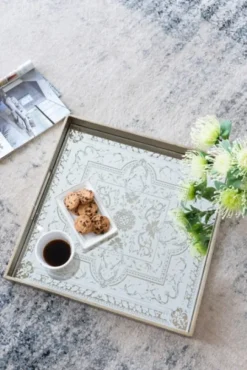 Kirkland's Home Cream Moroccan Pattern Tray With Gold Edges- Decorative Trays