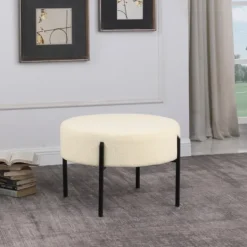 Kirkland's Home Cream Sherpa Upholstered Metal Ottoman- Benches & Ottomans